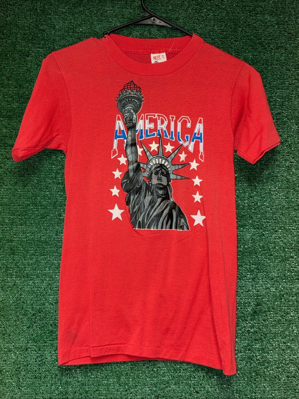 TRUE VINTAGE 70s Statue of Liberty America Red Single Stitch Shirt S USA NYC